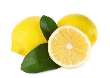 Tasty fresh lemons and leaves on white background