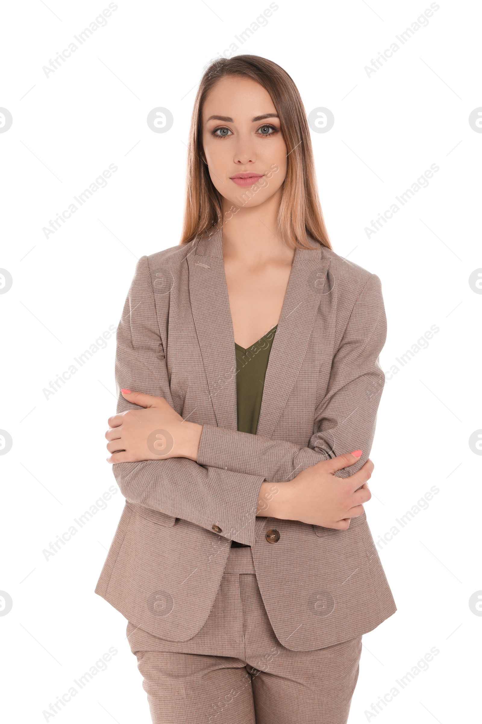 Photo of Portrait of confident businesswoman on white background