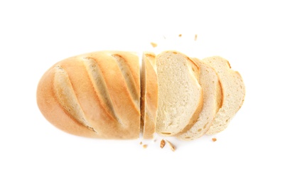 Fresh wheat bread on white background, top view