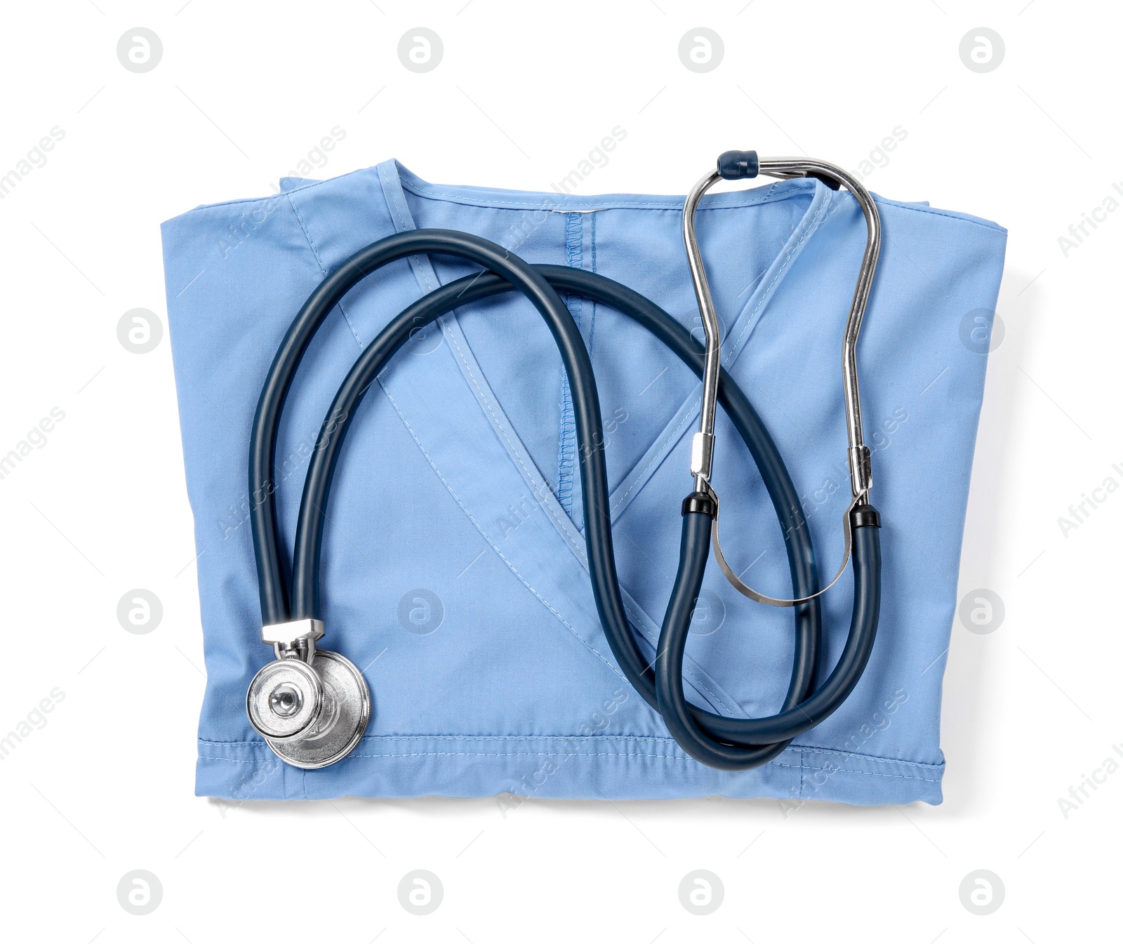 Photo of Medical uniform and stethoscope isolated on white, top view