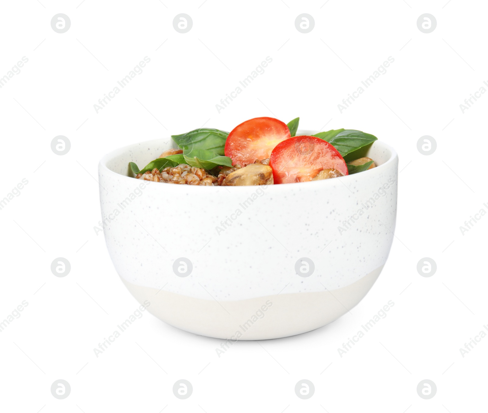 Photo of Delicious buckwheat porridge with mushrooms and tomato on white background