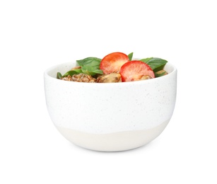 Photo of Delicious buckwheat porridge with mushrooms and tomato on white background