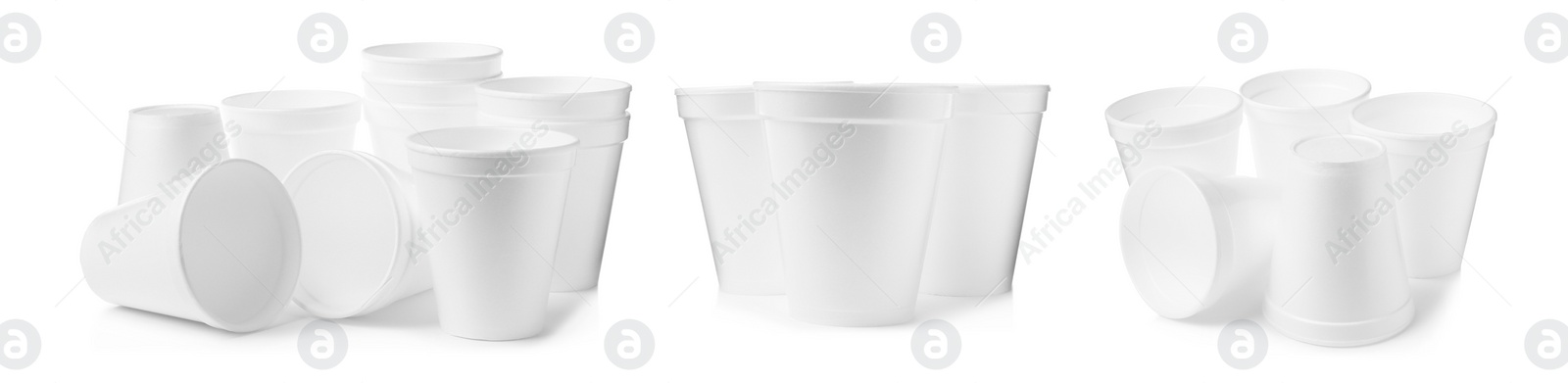 Image of Set with styrofoam cups on white background. Banner design