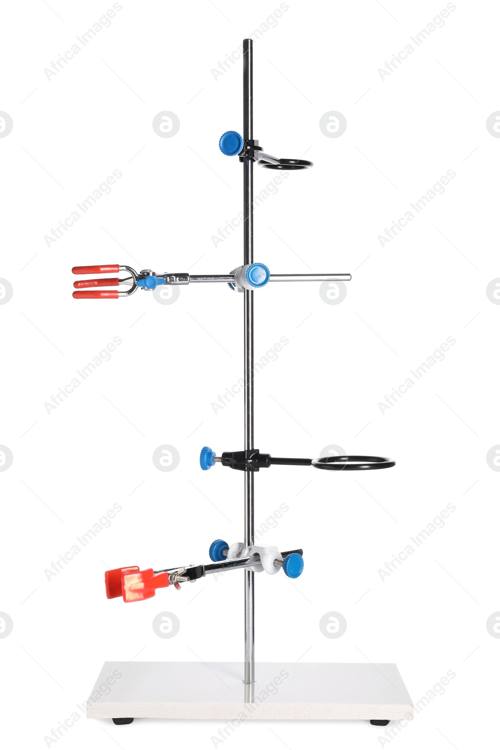 Photo of Retort stand with many clamps isolated on white