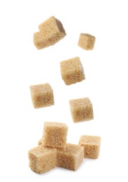 Image of Flying cubes of brown sugar on white background