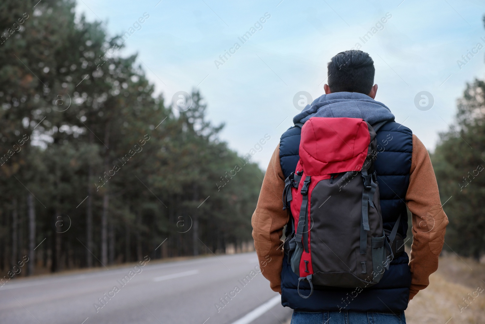 Photo of Man with backpack on road near forest, back view