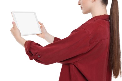 Woman holding tablet with blank screen on white background, closeup. Mockup for design