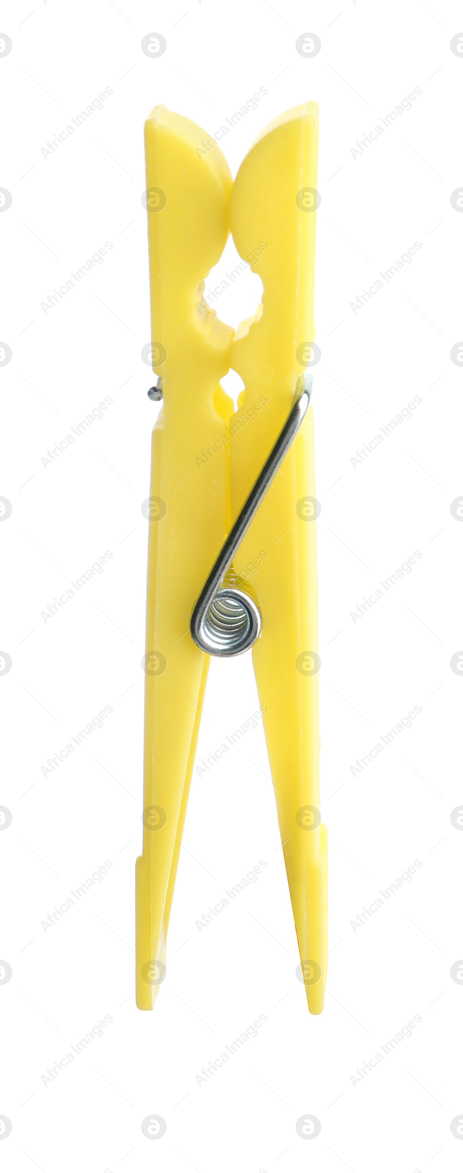 Photo of Bright yellow plastic clothespin isolated on white