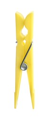 Photo of Bright yellow plastic clothespin isolated on white