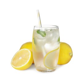 Photo of Cool freshly made lemonade and fruits on white background