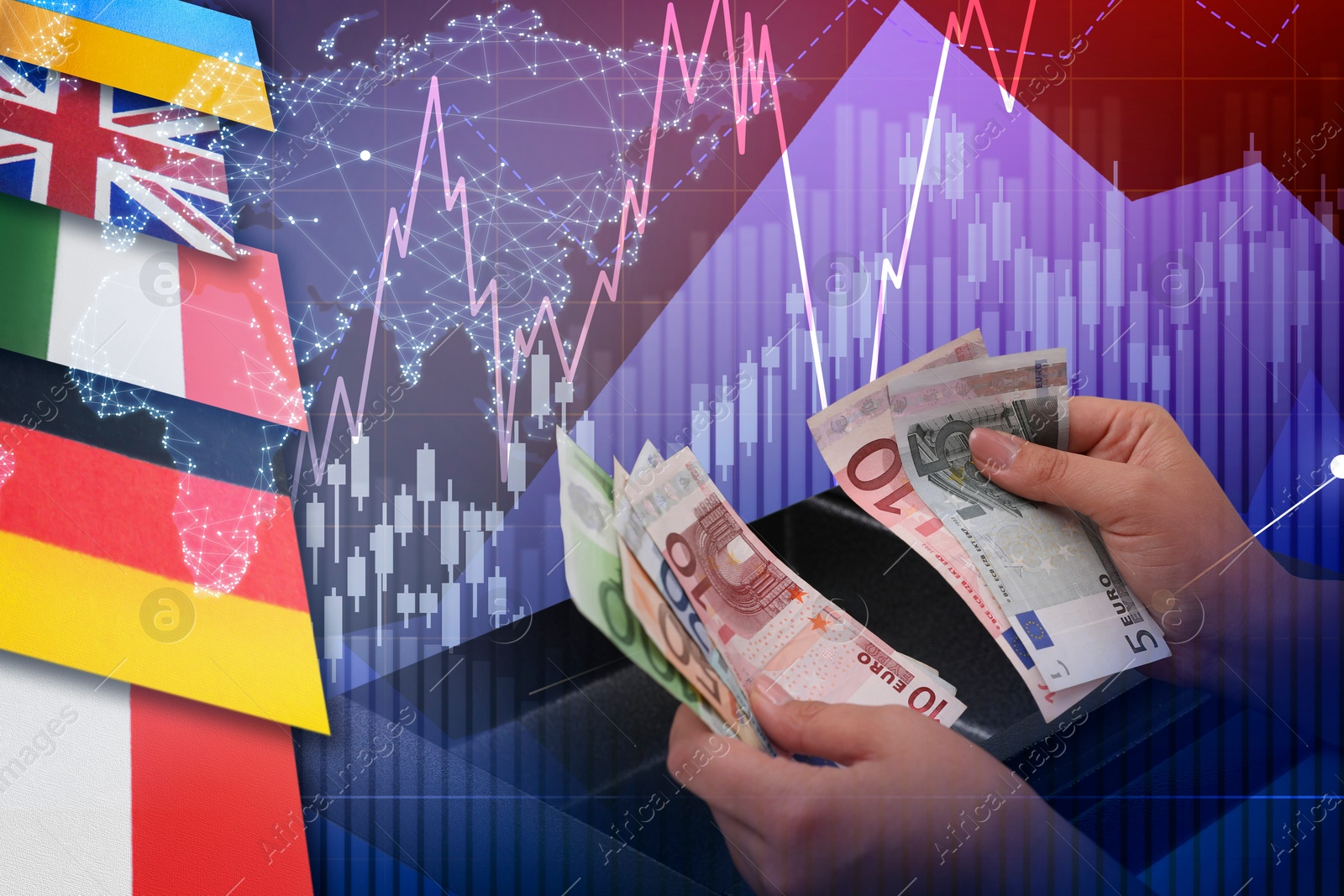 Image of Foreign exchange market. Double exposure of woman counting money, digital currency charts and flags of different countries, closeup