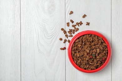 Bowl with food for cat or dog on wooden background. Pet care