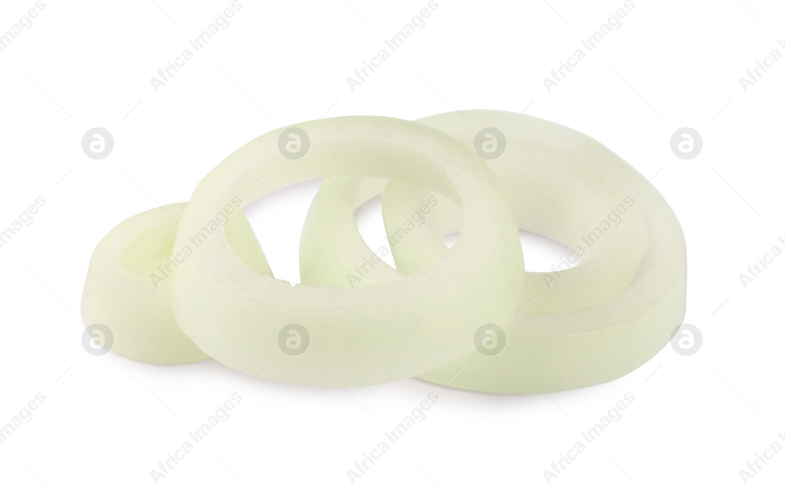 Photo of Many fresh onion rings on white background