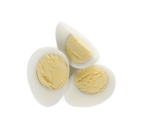 Peeled hard boiled quail eggs on white background, top view