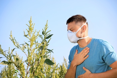 Man suffering from ragweed allergy outdoors on sunny day