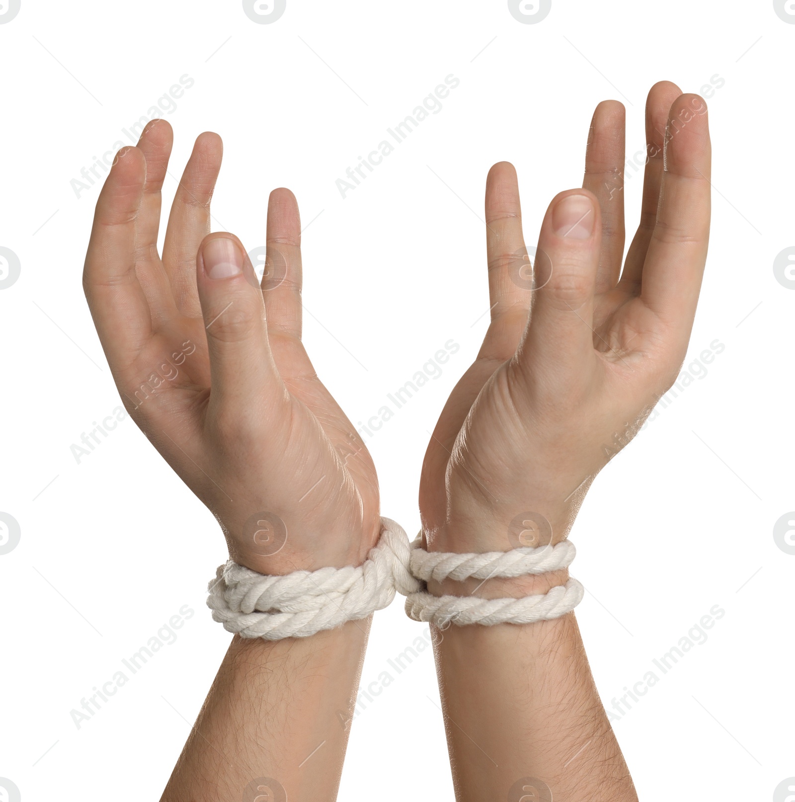 Photo of Freedom concept. Man with tied arms on white background, closeup