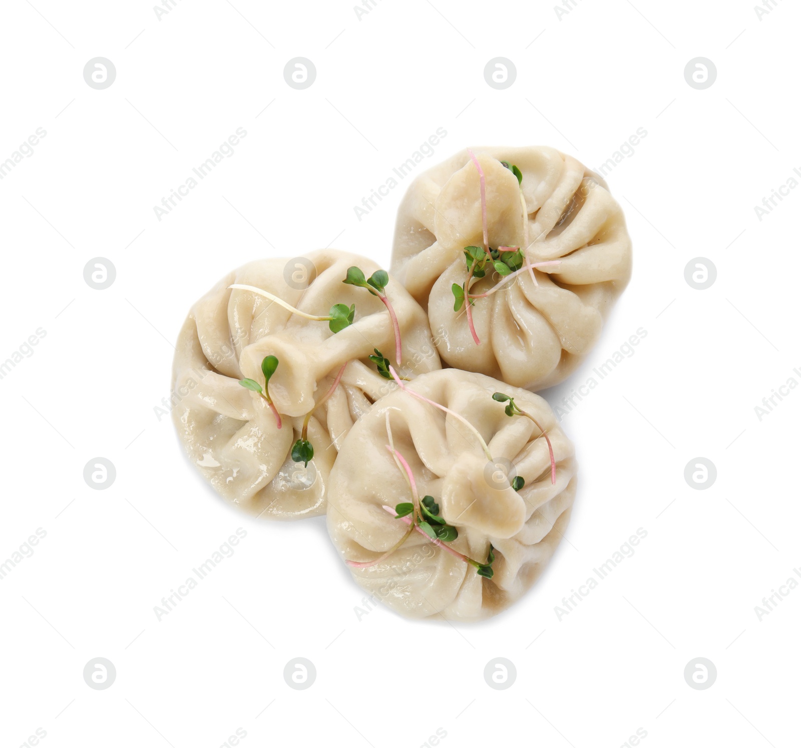 Photo of Tasty baozi dumplings with sprouts on white background, top view