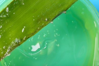 Photo of Aloe gel and leaf, closeup. Cosmetic product