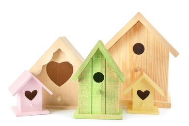 Many different bird houses on white background