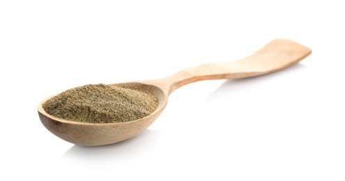 Wooden spoon with pepper powder on white background