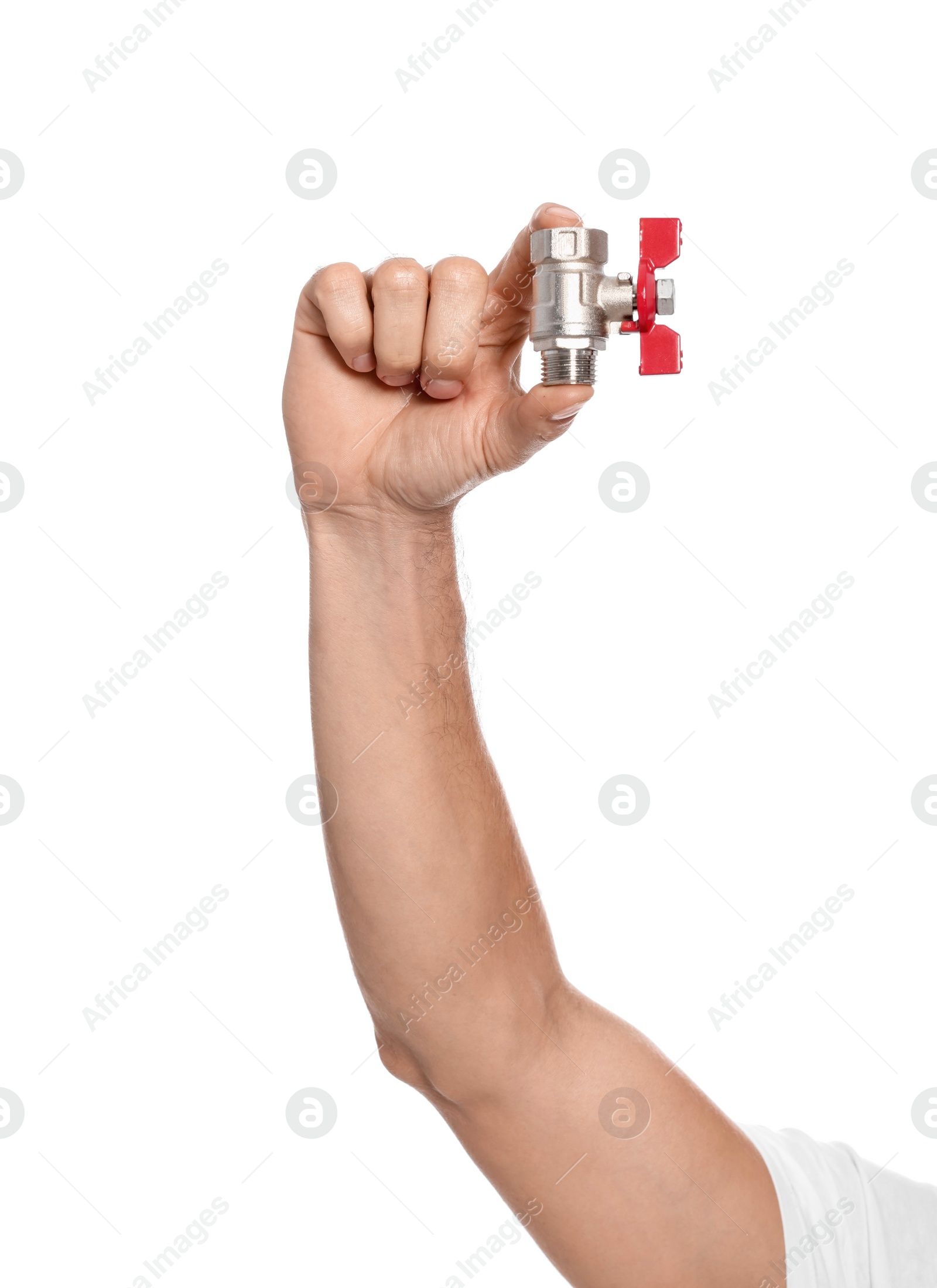 Photo of Male plumber holding water valve on white background, closeup