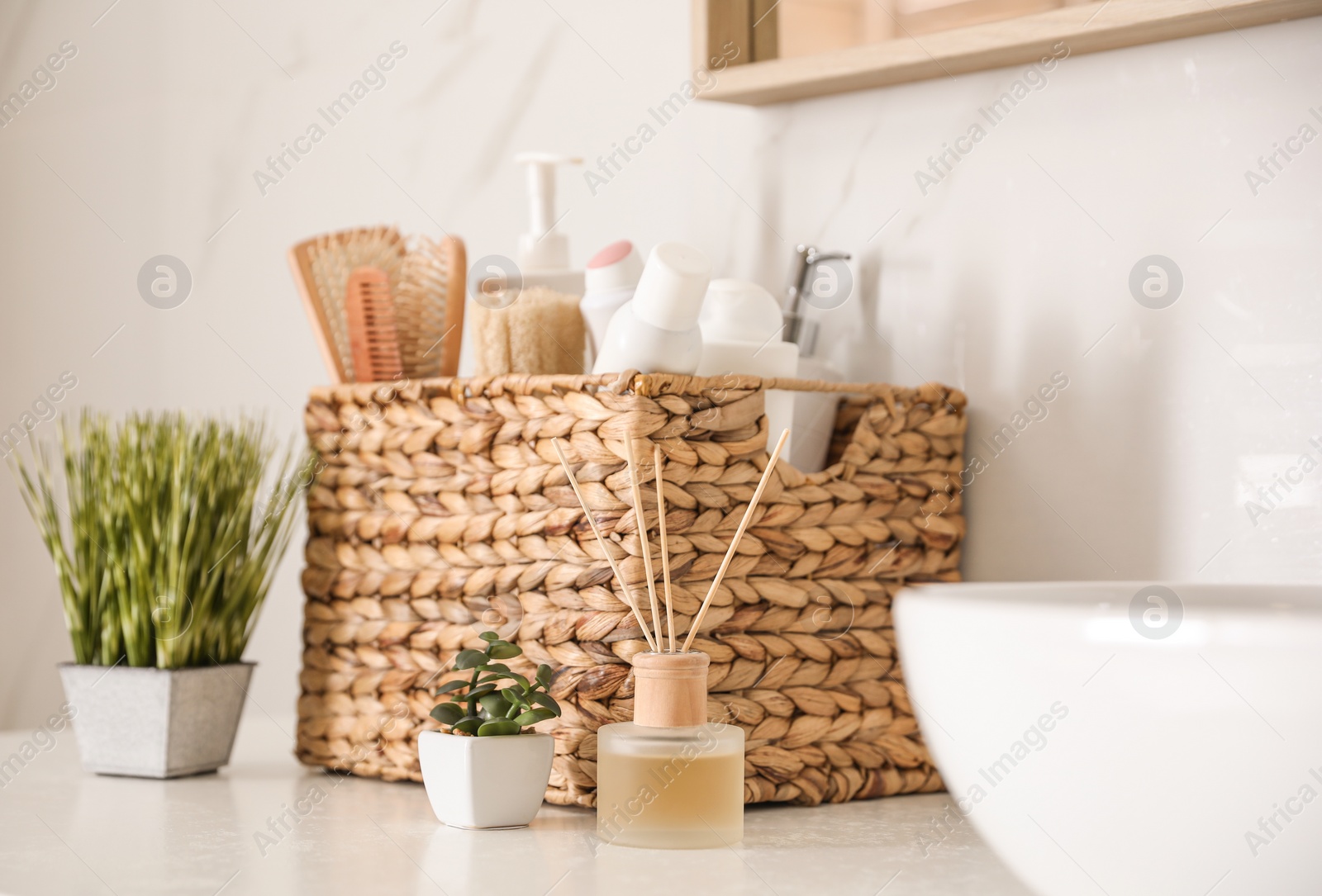 Photo of Different toiletries and green plants on countertop in bathroom