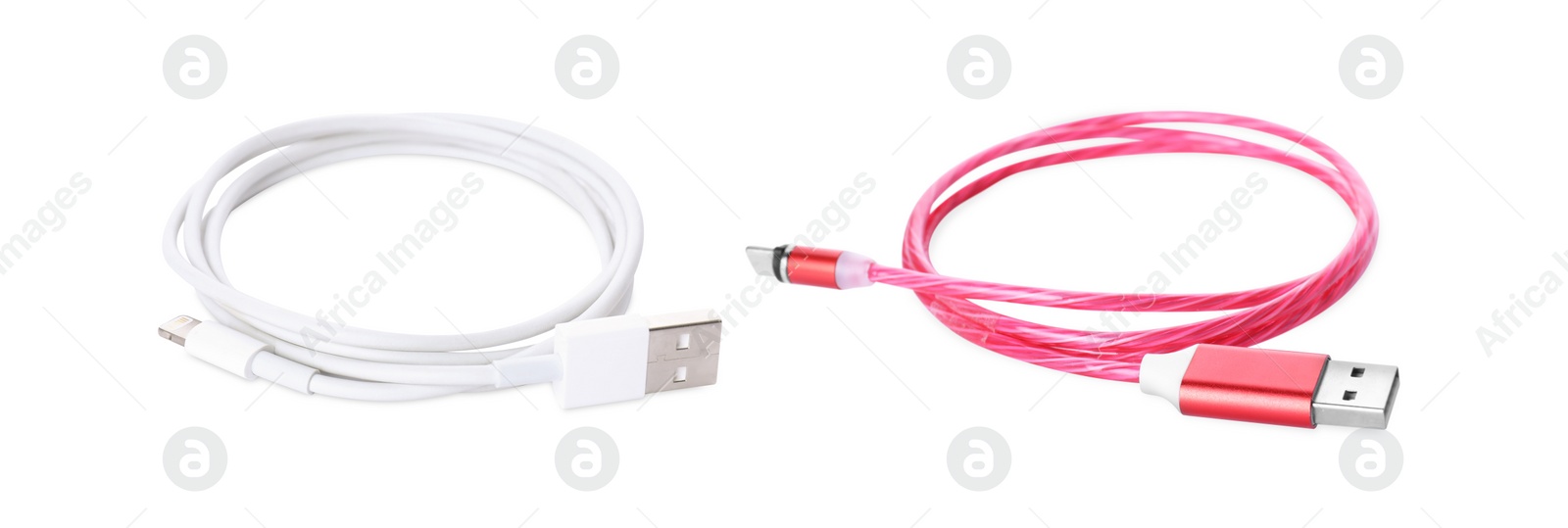 Image of USB cables with different connectors on white background