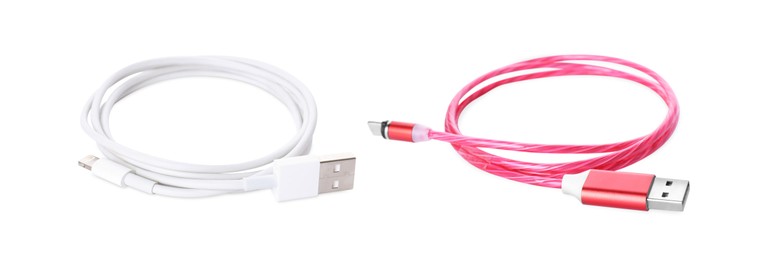 Image of USB cables with different connectors on white background