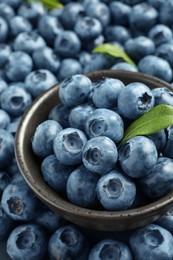 Tasty fresh blueberries and bowl, closeup view