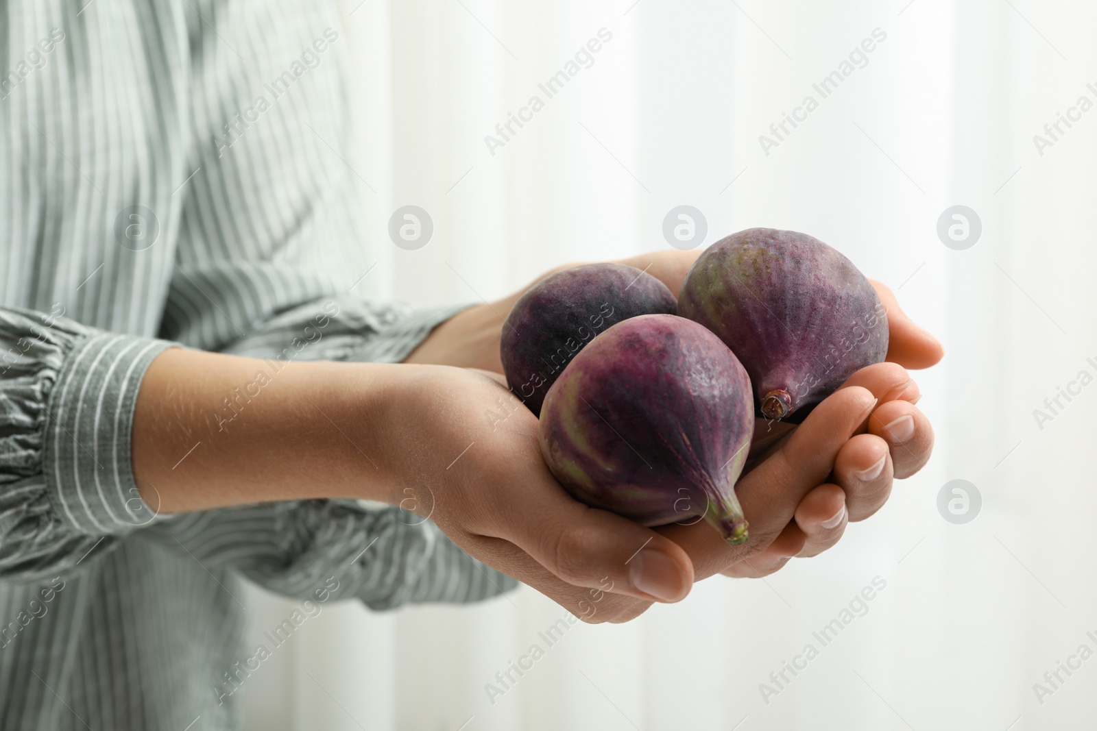 Photo of Woman holding tasty raw figs on light background, closeup