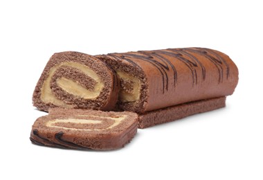 Tasty chocolate cake roll with cream on white background