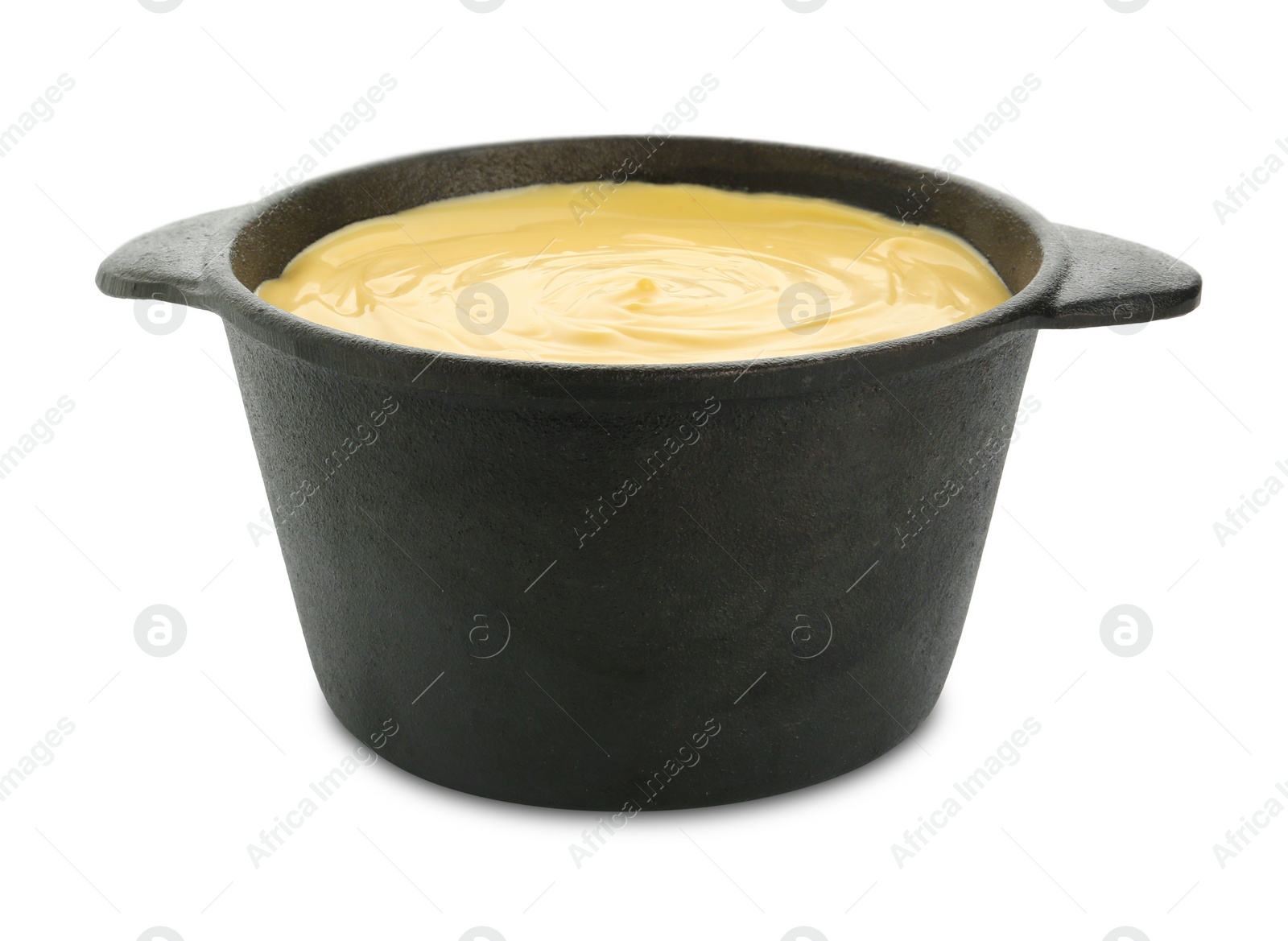 Photo of Fondue pot with tasty melted cheese isolated on white