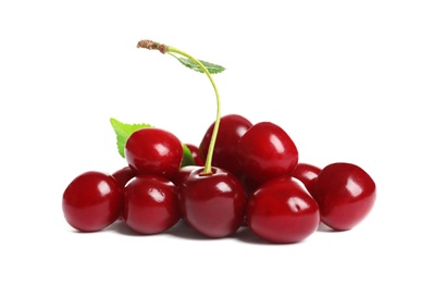 Pile of delicious ripe sweet cherries on white background