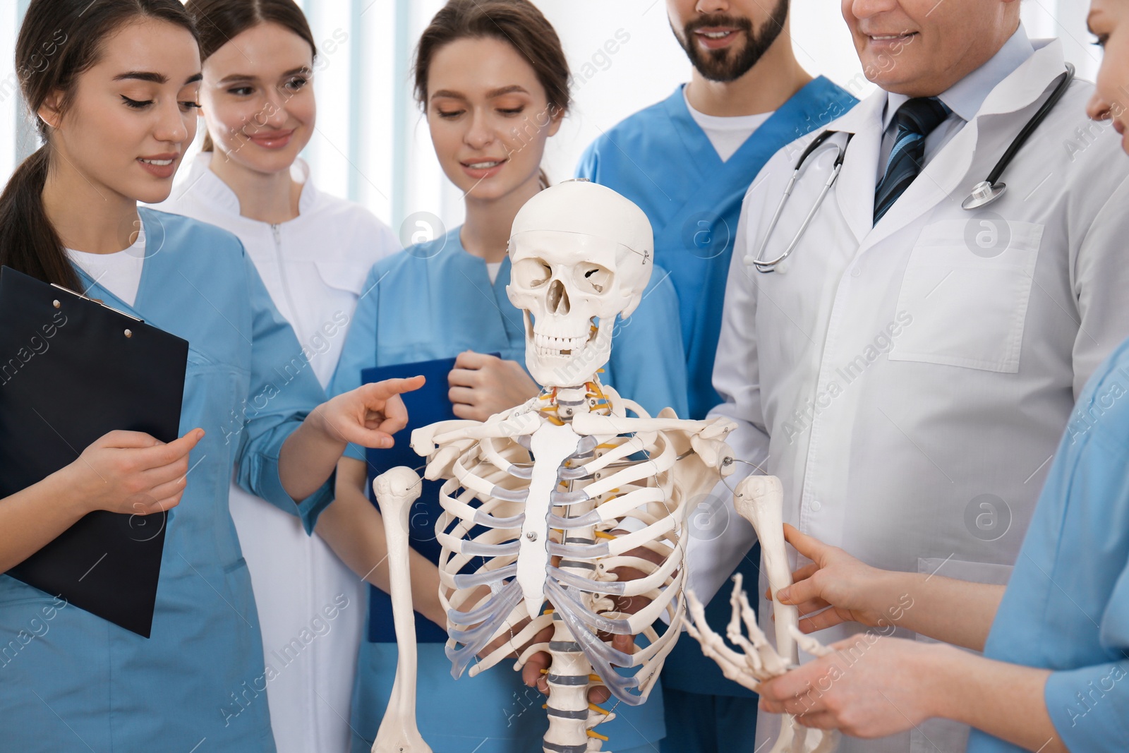 Photo of Professional orthopedist with human skeleton model teaching medical students in clinic