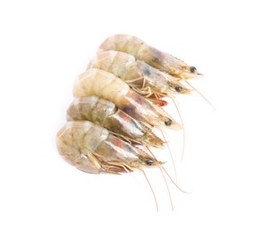 Photo of Fresh raw shrimps isolated on white, top view. Healthy seafood