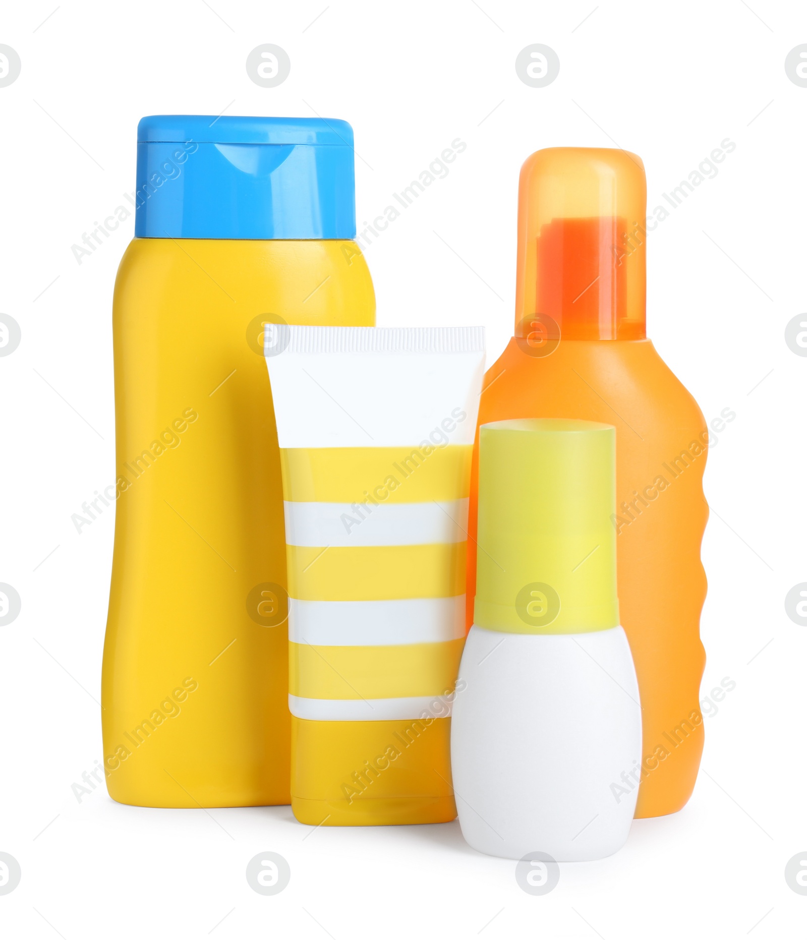 Photo of Many different suntan products on white background