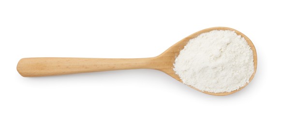 Photo of Baking powder in spoon isolated on white, top view