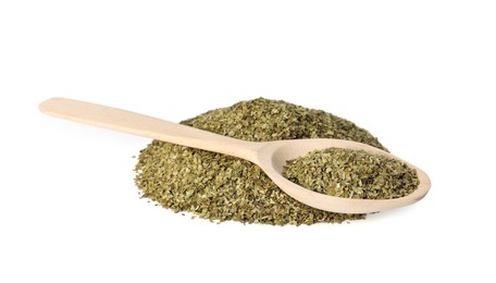 Photo of Pile of aromatic mate tea and spoon on white background