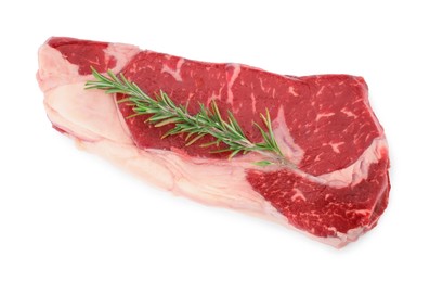 Photo of Raw beef steak and rosemary isolated on white, top view