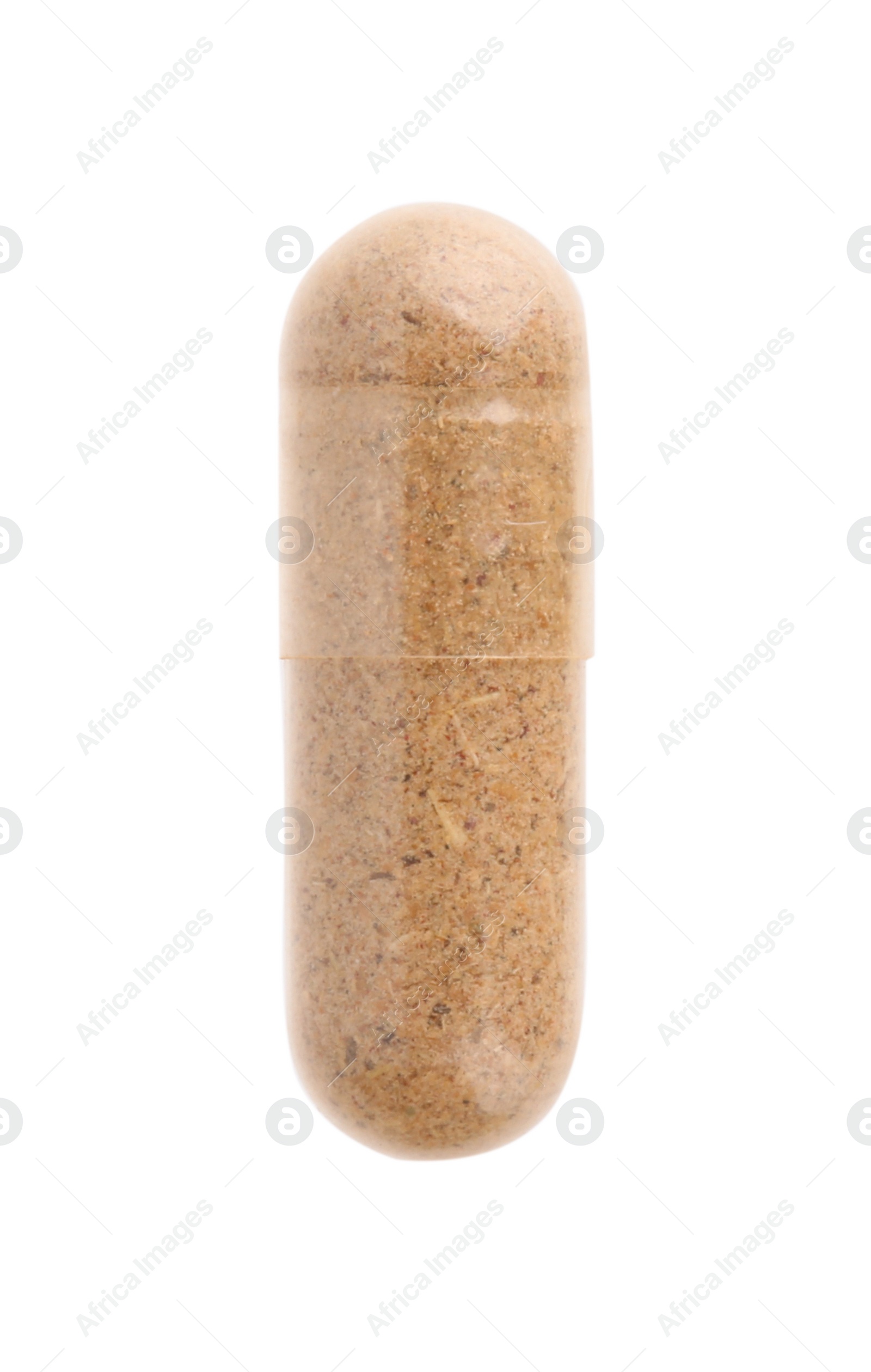 Photo of One vitamin capsule isolated on white, top view