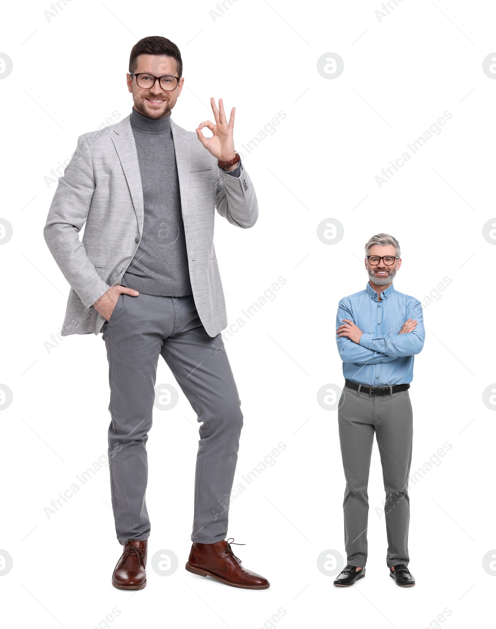 Image of Happy giant boss and small man on white background