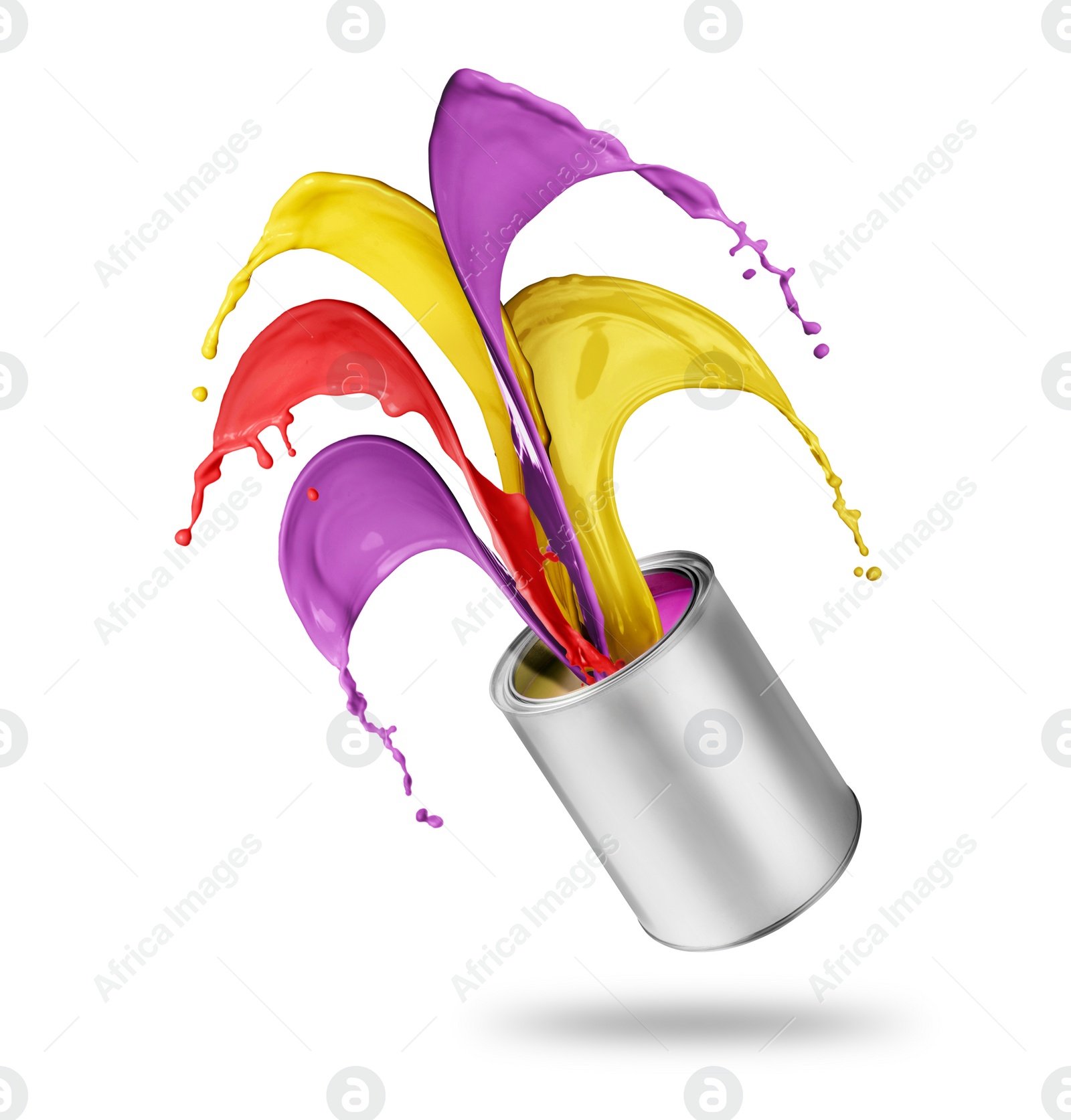 Image of Paint of different colors splashing from can on white background