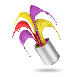 Image of Paint of different colors splashing from can on white background