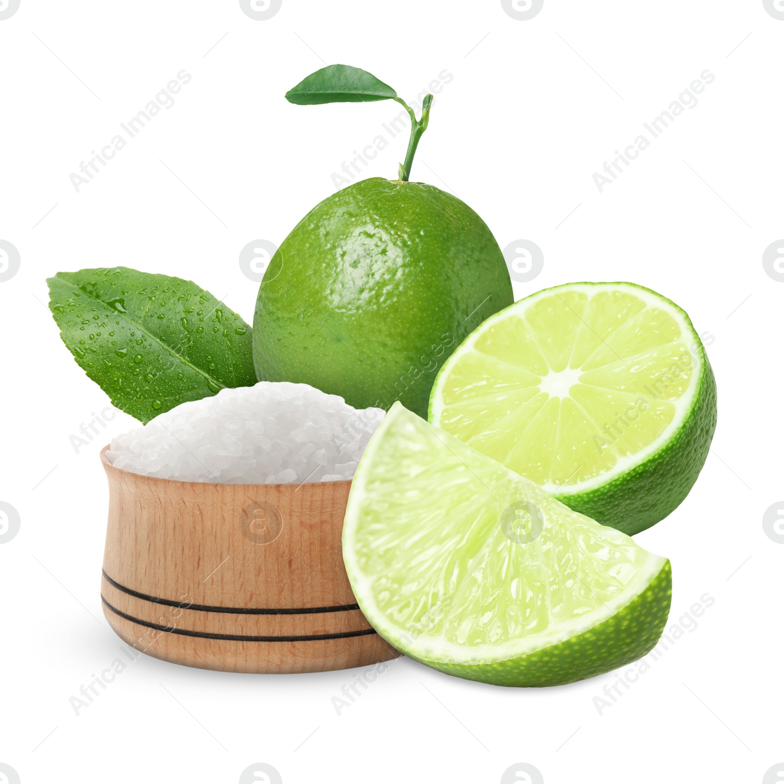 Image of Limes and salt isolated on white. Margarita cocktail ingredients