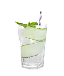 Refreshing cucumber water with basil in glass isolated on white