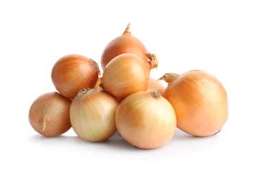 Photo of Fresh ripe onion bulbs on white background