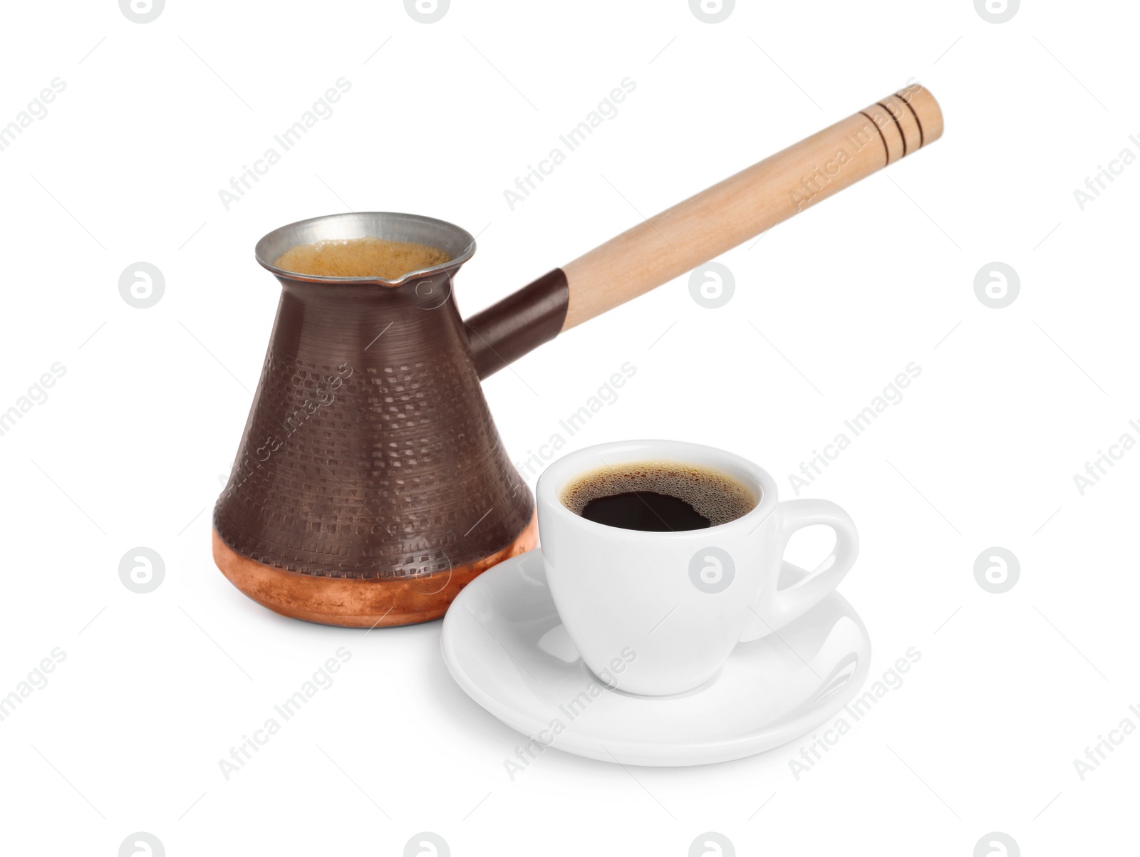 Photo of Turkish coffee pot and cup with hot beverage on white background