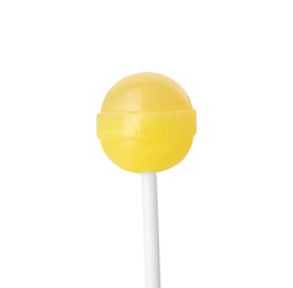 Photo of One sweet yellow lollipop isolated on white