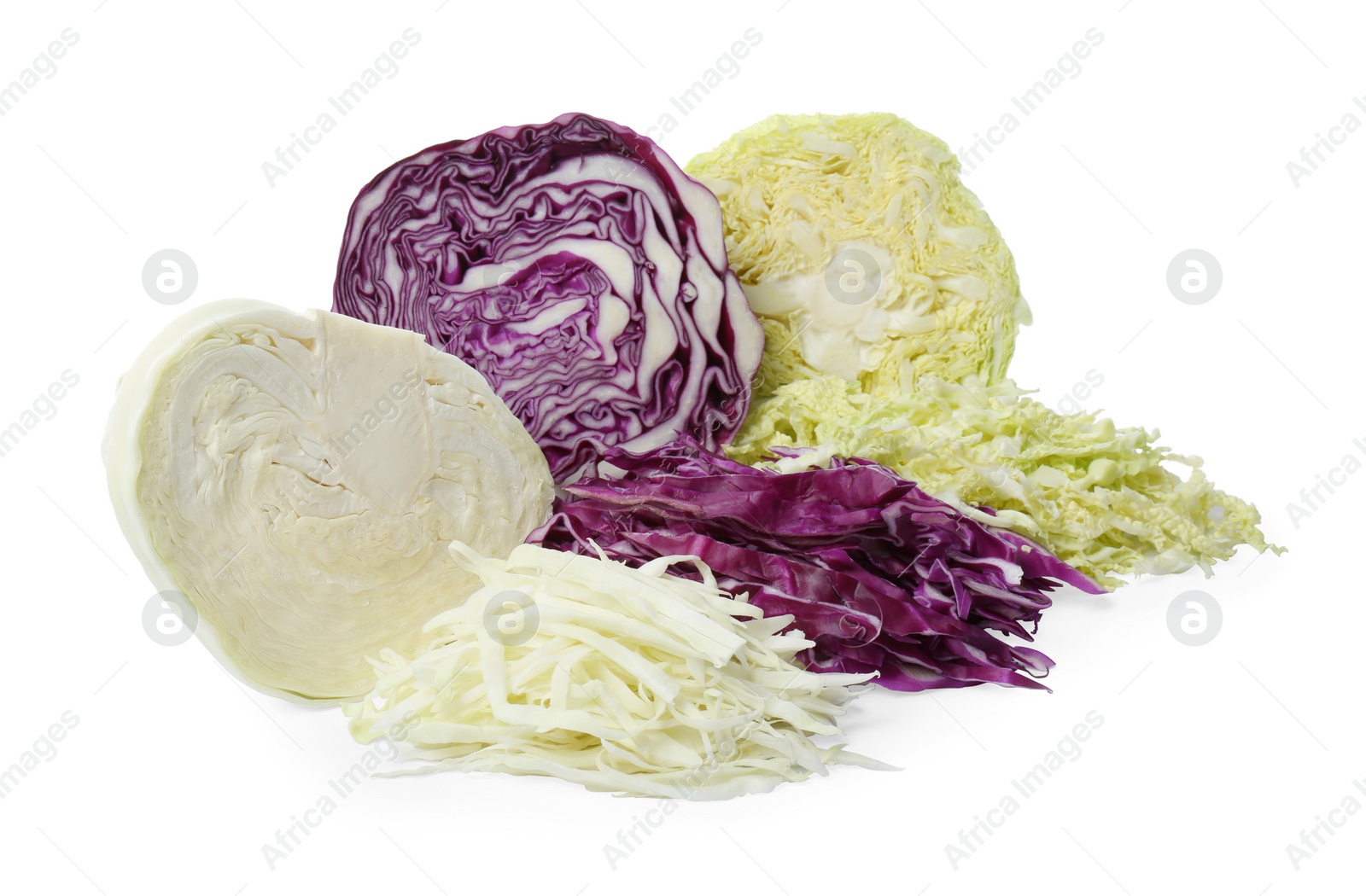 Photo of Different types of cut cabbage on white background