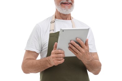 Happy man with tablet on white background, closeup
